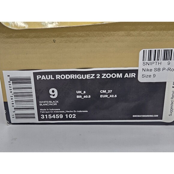 Nike Paul Rodriguez 2 Zoom Air Mens Size 9 OG Box White Black 315459 102 - Picture 9 of 11